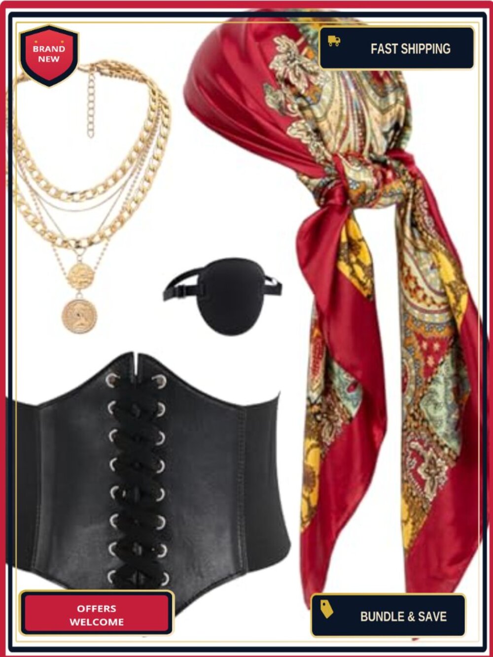 Pirate Costume Accessories Set Satin Scarf Corset Necklace Eye Patch Women